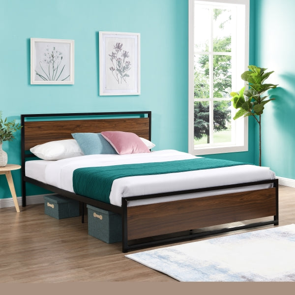 ZNTS Industrial Platform Queen Bed Frame/Mattress Foundation with Rustic Headboard and Footboard, Strong D22676090