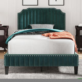ZNTS Modern Velvet Curved Upholstered Platform Bed , Solid Wood Frame , Nailhead Trim, Green WF298929AAF