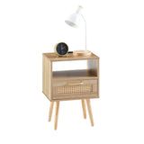 ZNTS 15.75" Rattan End table with Power Outlet & USB Ports , Modern nightstand with drawer and solid wood W126573116