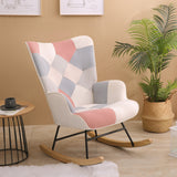 ZNTS Rocking Chair, Mid Century Fabric Rocker Chair with Wood Legs and Patchwork Linen for Livingroom W109543643