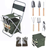 ZNTS 9 PCS Garden Tools Set Ergonomic Wooden Handle Sturdy Stool with Detachable Tool Kit Perfect for W2181P153965