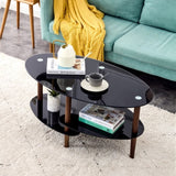 ZNTS Black Oval glass coffee, modern in living room Oak wood leg tea 3-layer glass 53565181