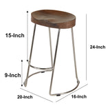 ZNTS Farmhouse Counter Height Barstool with Wooden Saddle Seat and Tubular Frame, Small, Brown and Silver B05671190