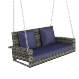 ZNTS GO 2-Person Wicker Hanging Porch Swing with Chains, Cushion, Pillow, Rattan Swing Bench for Garden, WF301718AAC