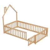 ZNTS Twin House-Shaped Headboard Floor Bed with Fence
,Natural W504119478