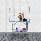 ZNTS NEW HIGH QUALITY FOLDING PET GROOMING TABLE STAINLESS LEGS AND ARMS BLUE RUBBER TOP STORAGE BASKET W112941597