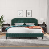 ZNTS Modern Velvet Curved Upholstered Platform Bed , Solid Wood Frame , Nailhead Trim, Green WF298927AAF