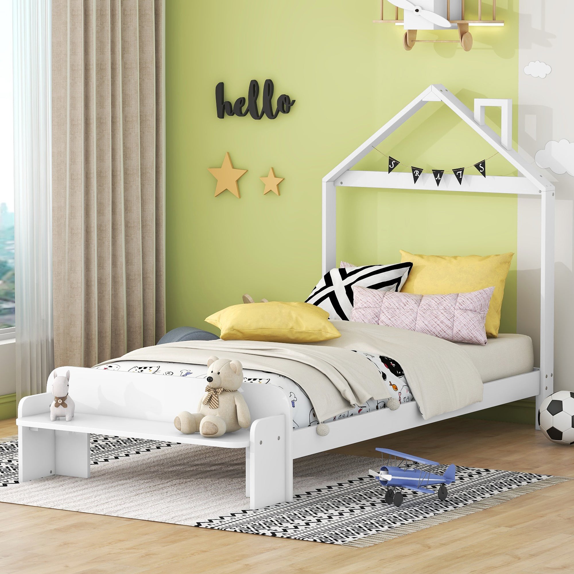ZNTS Twin Size Wood Platform Bed with House-shaped Headboard and Footboard Bench,White WF307085AAK