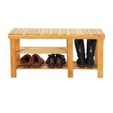 ZNTS 90cm Strip Pattern Tiers Bamboo Stool Shoe Rack with Boots Compartment Wood Color 60137286