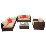 ZNTS 7 Pieces Wood Grain Patio PE Wicker Rattan Corner Sofa Set 38435070