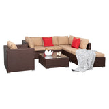 ZNTS 7 Pieces Wood Grain Patio PE Wicker Rattan Corner Sofa Set 38435070