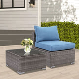 ZNTS 2 Pieces Patio Armless Blue Brown Single Rattan Wicker Sofa Couches Furniture With End Side Table W1828140351