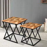 ZNTS Madeline 25, 23 Inch Square 2 Piece Nesting End Table Set, Wood Top, Iron Frame, Brown and Black B05691312