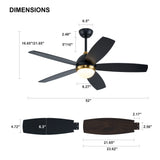 ZNTS 52 Inch Black Ceiling Fan with Lights W1891134164