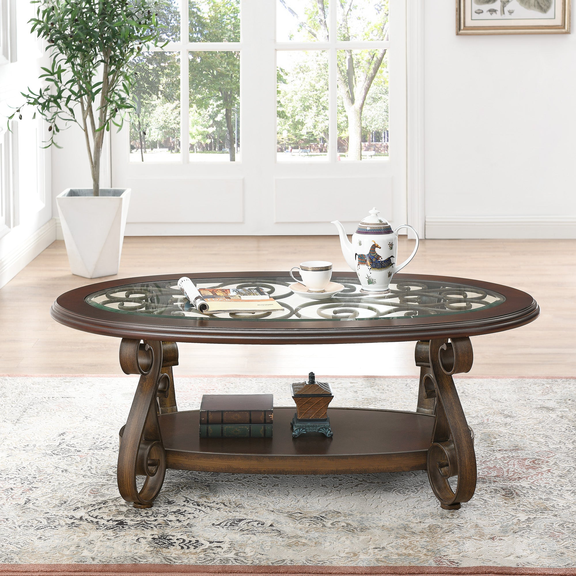 ZNTS Coffee Table with Glass Table Top and Powder Coat Finish Metal Legs,Dark Brown （52.5"X28.5"X19.5") 15456244