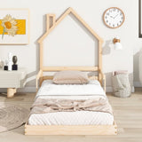 ZNTS Twin House-Shaped Headboard Floor Bed with Handrails ,slats ,Natural W504119488