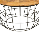 ZNTS Round Mango Wood Coffee Table with Wooden Top and Nesting Basket Frame, Brown and Black B05691271