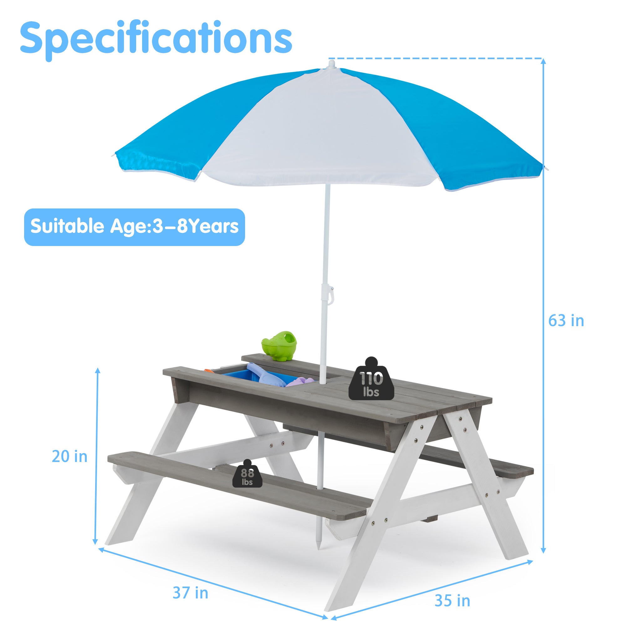 ZNTS 3-in-1 Kids Outdoor Wooden Picnic Table With Umbrella, Convertible Sand & Wate, Gray ASTM & CPSIA W1390104709