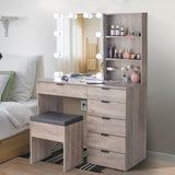 ZNTS Particleboard Triamine Veneer 6 Drawers 2 Shelves 3 Light Bulbs Mirror Cabinet Dressing Table Set 45271452