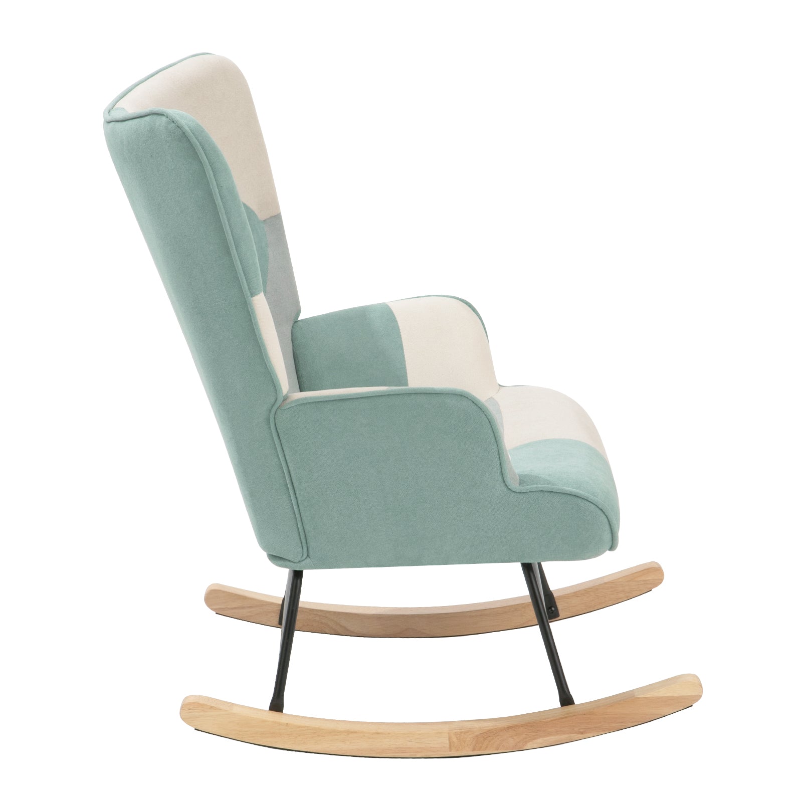 ZNTS Rocking Chair, Mid Century Fabric Rocker Chair with Wood Legs and Patchwork Linen for Livingroom W109543644