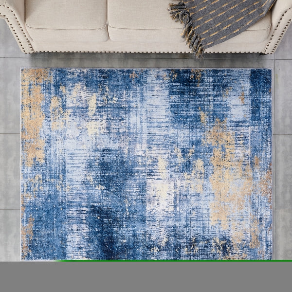 ZNTS ZARA Collection Abstract Design Blue Gold Machine Washable Super Soft Area Rug B030115650