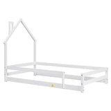 ZNTS Twin Size Wood bed with House-shaped Headboard Floor bed with Fences,White W504102759