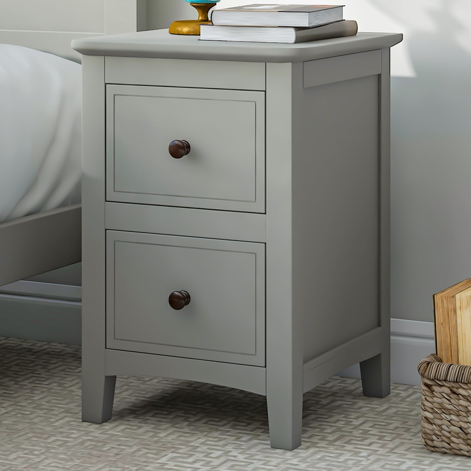 ZNTS 2 Drawers Solid Wood Nightstand End Table, Gray WF283148AAG