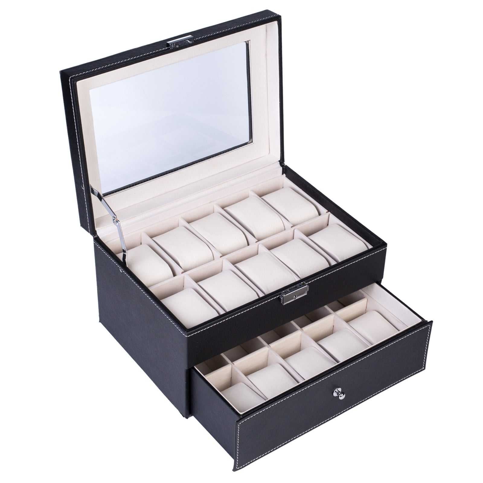 ZNTS 20 Compartments Dual Layers Elegant Wooden Watch Collection Box Black 74095307