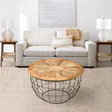 ZNTS Round Mango Wood Coffee Table with Wooden Top and Nesting Basket Frame, Brown and Black B05691271