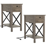 ZNTS Set of 2 Farmhouse Flip Top End Table with Charge Station, X-Shaped Profile Narrow Side Table with W2181P149703