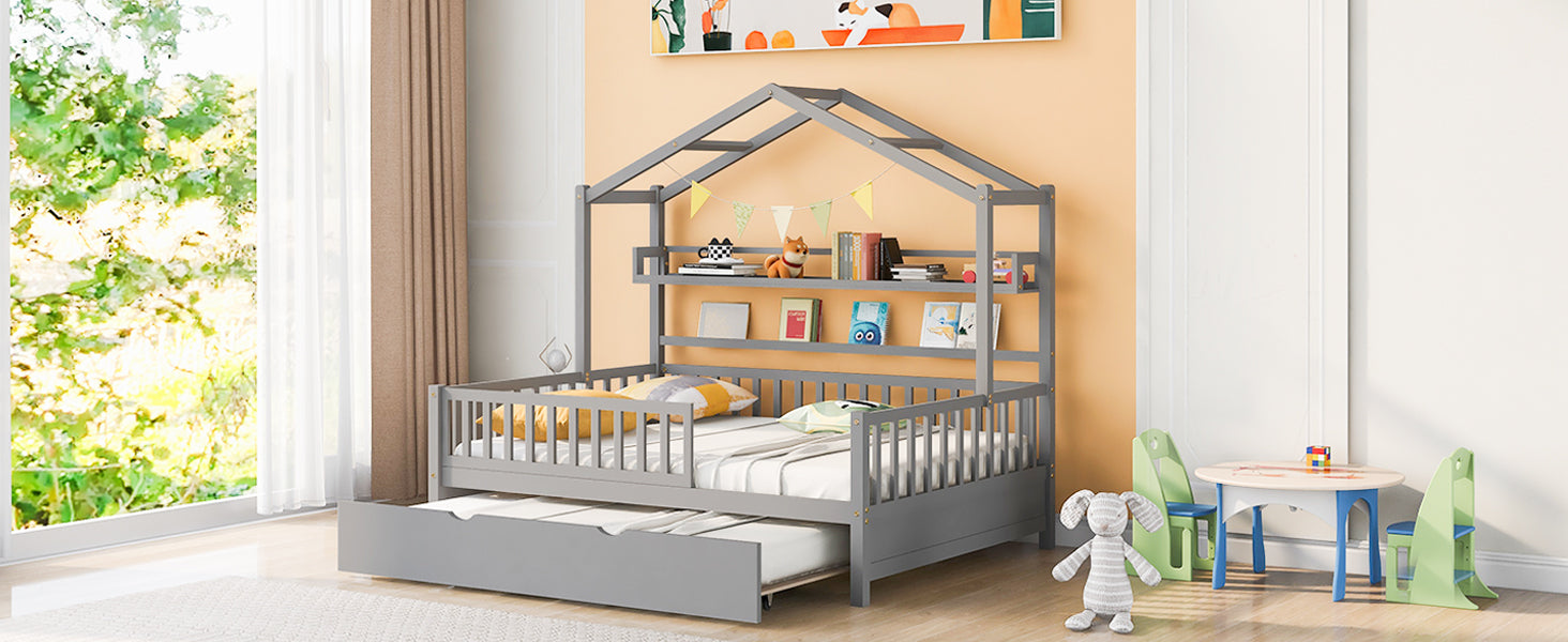 ZNTS Wooden Full Size House Bed with Twin Size Trundle,Kids Bed with Shelf, Gray WF301683AAE