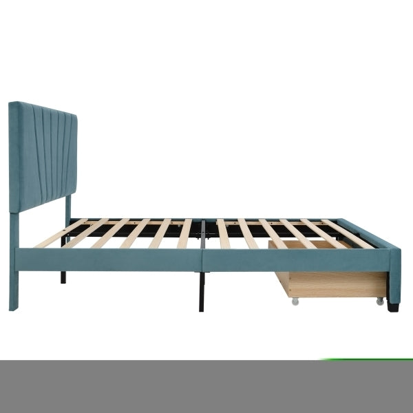 ZNTS Queen Size Storage Bed Velvet Upholstered Platform Bed with a Big Drawer - Blue WF199385AAC