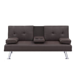 ZNTS [New+Video] Brown Leather Multifunctional Double Folding Sofa Bed for Office with Coffee Table W165880946