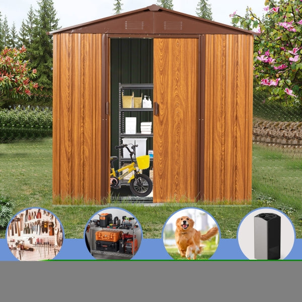 ZNTS 6 Ft. W X 6 Ft. D Metal Storage Shed Appealing horizontal siding in woodgrain with coffee trim to W54071035