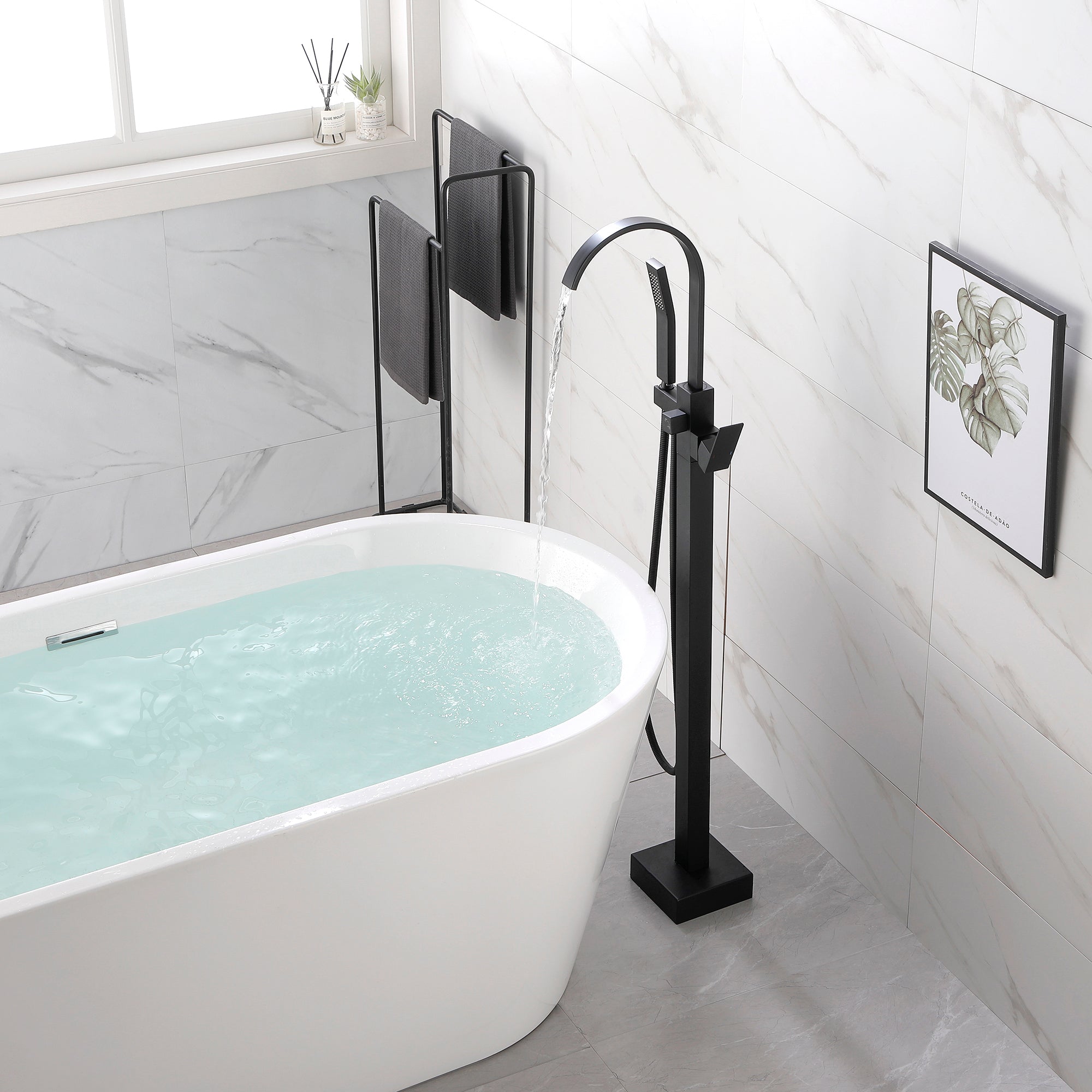 ZNTS Single Handle Floor Mounted Clawfoot Tub Faucet with Hand shower NK0860
