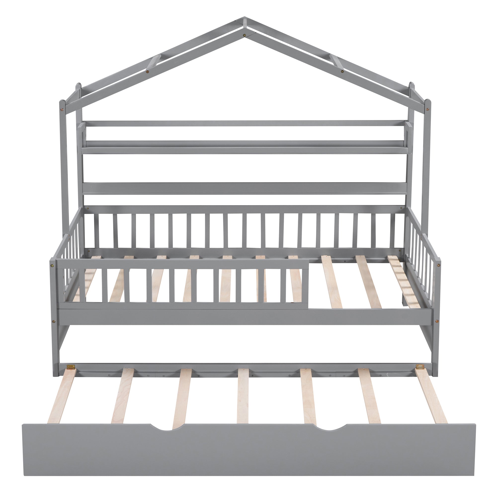 ZNTS Wooden Twin Size House Bed with Trundle,Kids Bed with Shelf, Gray WF301682AAE