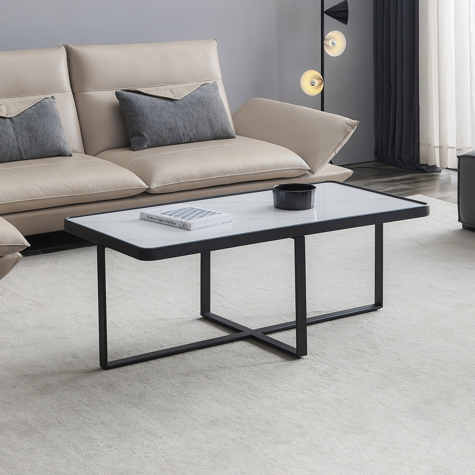 ZNTS Minimalism rectangle coffee table,Black metal frame with sintered stone tabletop W24739717