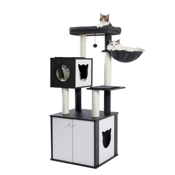 ZNTS All-in-One Multi-Functional Cat Tree Modern Wood Cat Tower with Cat Washroom Litter Box House, Cat 45510350