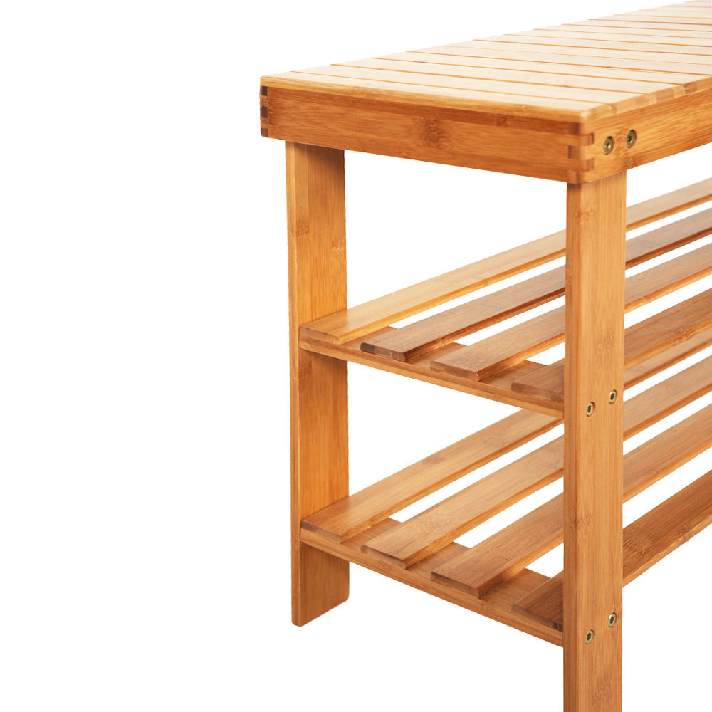ZNTS 90cm Strip Pattern Tiers Bamboo Stool Shoe Rack for Kids Wood Color 47202083