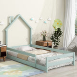 ZNTS Twin Size Wood bed with House-shaped Headboard Floor bed with Fences,Light Green W504102762