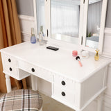 ZNTS Dresser Three-Fold Square Mirror Drawers Roman Column Table/Stool White 15241364