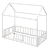 ZNTS Twin Size Wood House Bed with Fence and Door, White Wash WF303131AAK