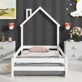 ZNTS Twin Size Wood bed with House-shaped Headboard Floor bed with Fences,White W504102759