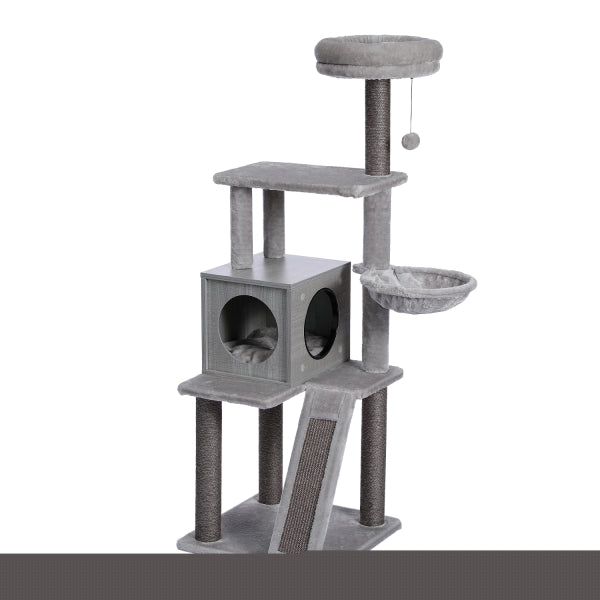 ZNTS Wooden Cat Tree 4 Levels Platform for Large Cats Featuring with Fully Scratching Posts, Hammock, 63522001