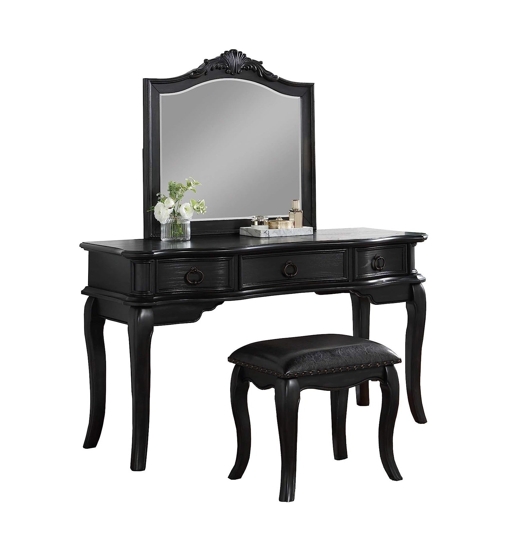 ZNTS Contemporary Black Color Vanity Set w Stool Retro Style Drawers cabriole-tapered legs Mirror w B011113315