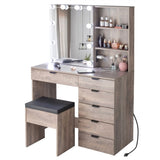 ZNTS Particleboard Triamine Veneer 6 Drawers 2 Shelves 3 Light Bulbs Mirror Cabinet Dressing Table Set 45271452