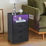 ZNTS FCH 40*35*65cm Particleboard Pasted Triamine Three Drawers With Socket With LED Light Bedside Table 01202304