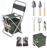 ZNTS 9 PCS Garden Tools Set Ergonomic Wooden Handle Sturdy Stool with Detachable Tool Kit Perfect for W104147773