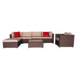 ZNTS 7 Pieces Wood Grain Patio PE Wicker Rattan Corner Sofa Set 38435070