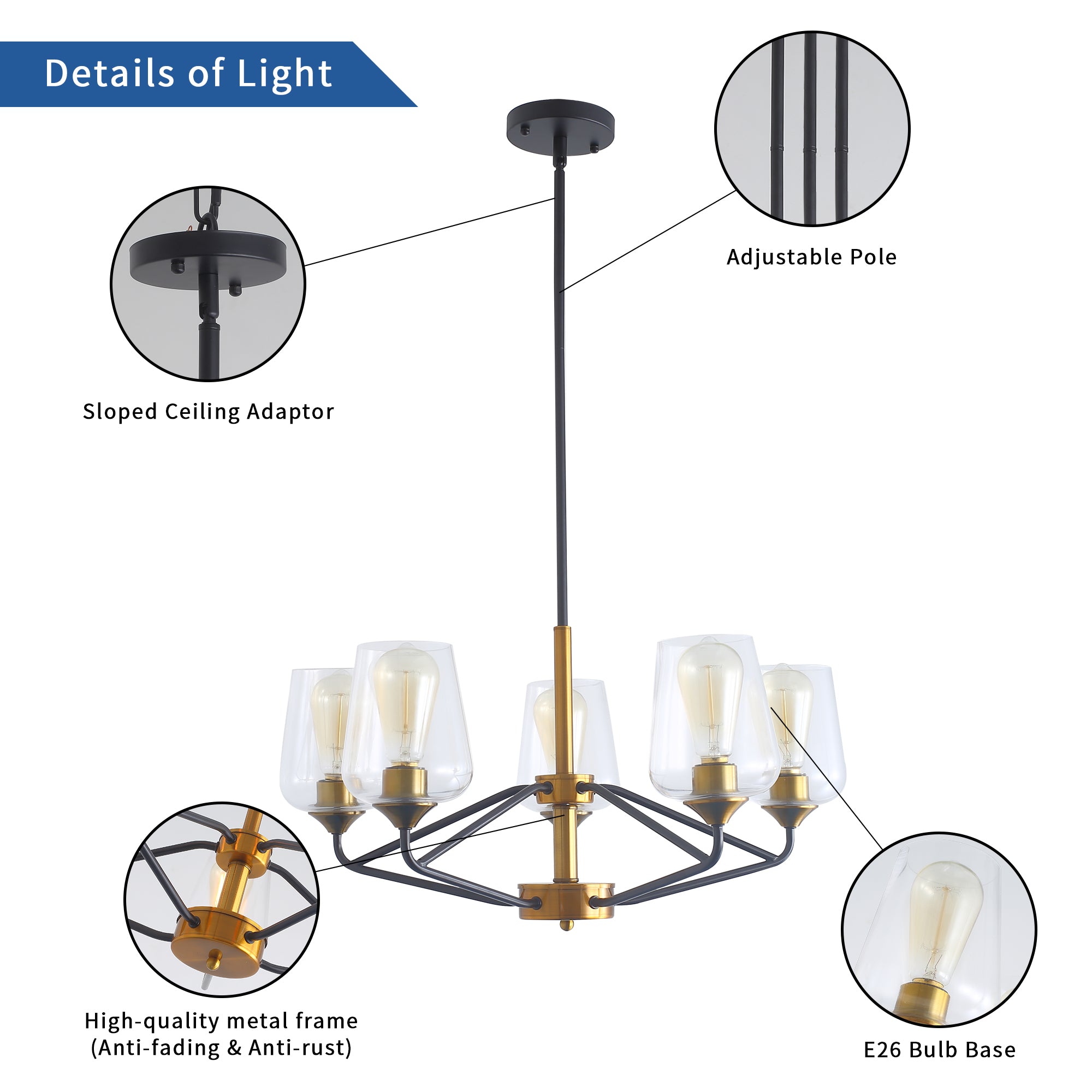 ZNTS Modern American hanging chandelier -5 bulbs -E26 lamp holder W116978785